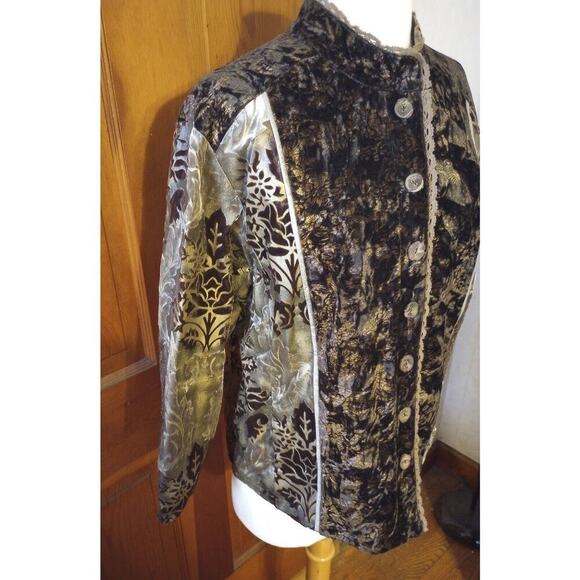 Chico's womens Crushed Velvet top Brown Gold Shacket Floral Button Up Sz 12 - Picture 4 of 5
